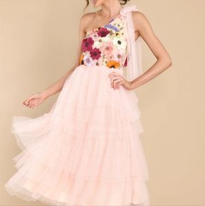 Pink Tulle Midi with Floral Appliqués
